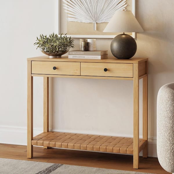 Nathan James Evelyn 36 in. Warm Pine Rectangle MDF with Wood Veneer Console Table with Faux Leather Shelf and Solid Wood Legs