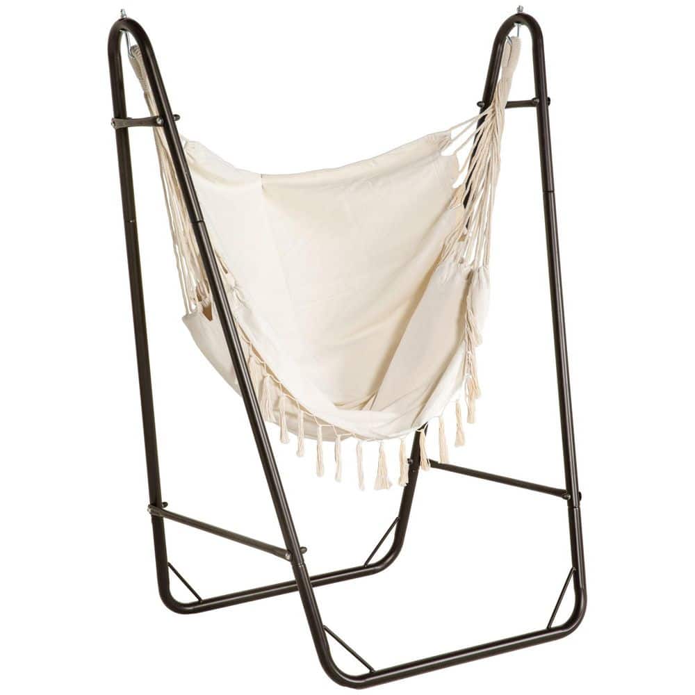 "U-Shaped Steel Hammock Chair Stand 51""x35""x63"" w/Side Pocket, 330Lbs Capacity Cream White Outdoor Swing for Patio Garden" price history on PriceWatchPro