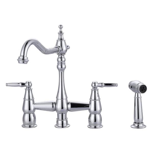 Solid Brass 4 Hole Double Handle Bridge Kitchen Faucet with Side Sprayer Deck Mount in Polished Chrome