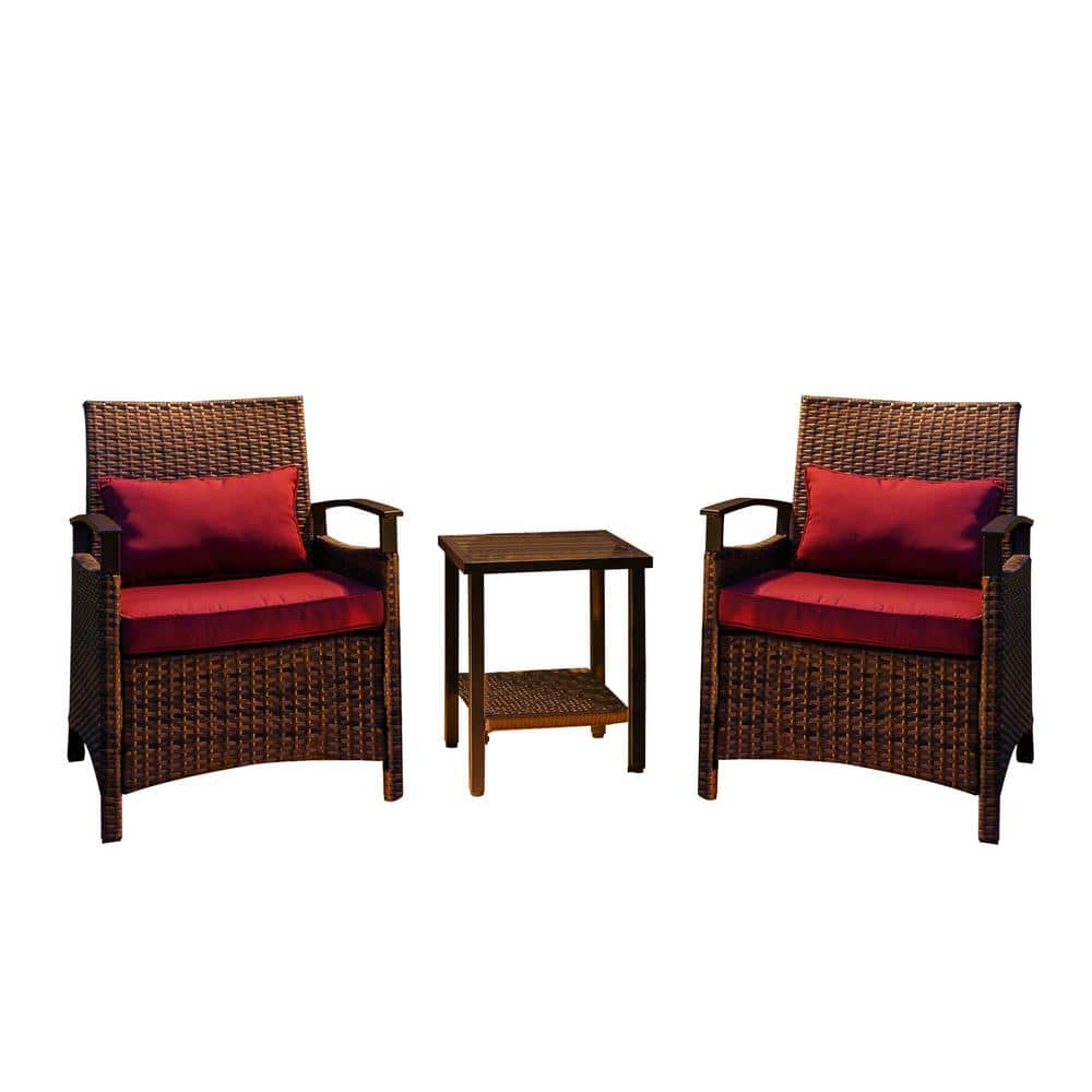 Brown 3-piece Wicker Patio Conversation Set Outdoor Chairs and Coffee Table