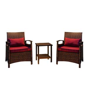 Brown 3-piece Wicker Patio Conversation Set Outdoor Chairs and Coffee Table with Burgundy Cushions