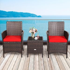 3-Pieces Wicker Patio Conversation Set with Red Cushions