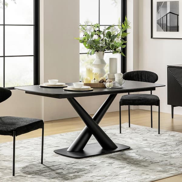JAYDEN CREATION Gun Black Modern 72 in. Seats 6 Faux Marble Cross Legs Dining Table with Metal Base
