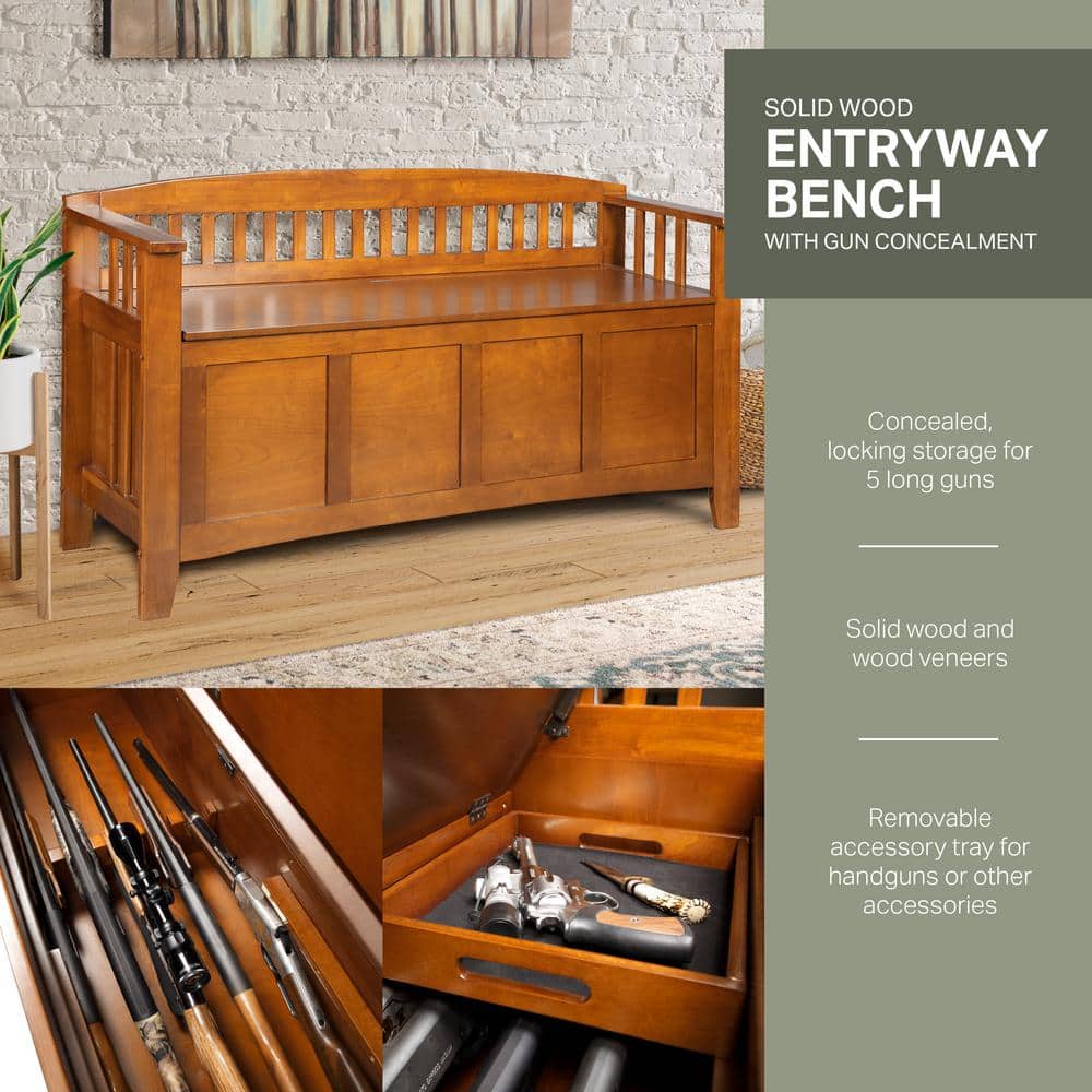 Transitional Medium Brown Wood Veneer Gun Concealment Bench with Storage