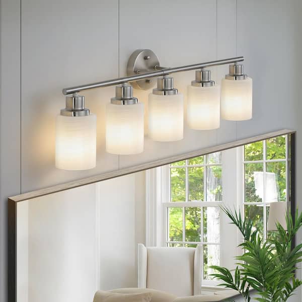 31 in 5 Light Modern silver Grain Finish Vanity Light Fixture Bathroom Over Mirror Wall Lights Clear Glass Shades Living