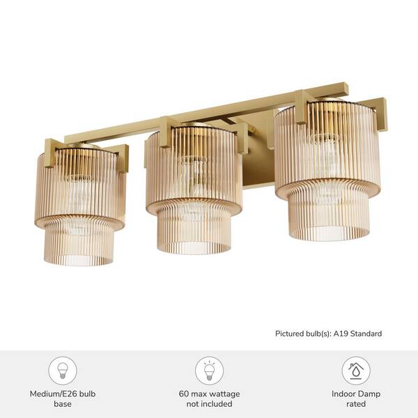 Hunter - Ontario 24.25 in. 3-Light Luxe Gold Vanity Light with Amber Ribbed Glass Shades