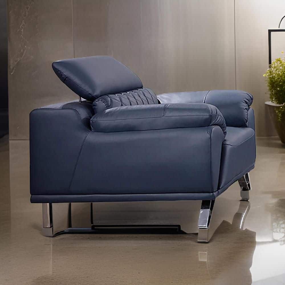 Cassie Navy Blue and Chrome Leather Accent Chair with Adjustable Headrest