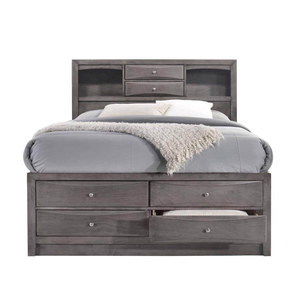 Gray Transitional Queen Bookcase Bed with Ample Storage