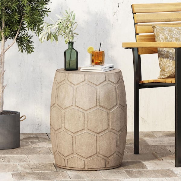 Noble House Gaudet Natural Wood Stone Outdoor Patio Side Table