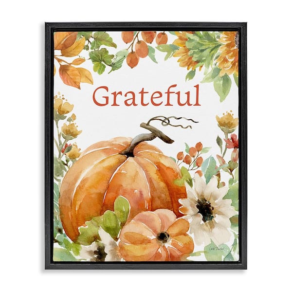 Stupell Industries Grateful Pumpkins & Flowers by Leslie Trimbach 1-Piece Floater Frame Graphic Print Typography Art Print 21 in. x 17 in.