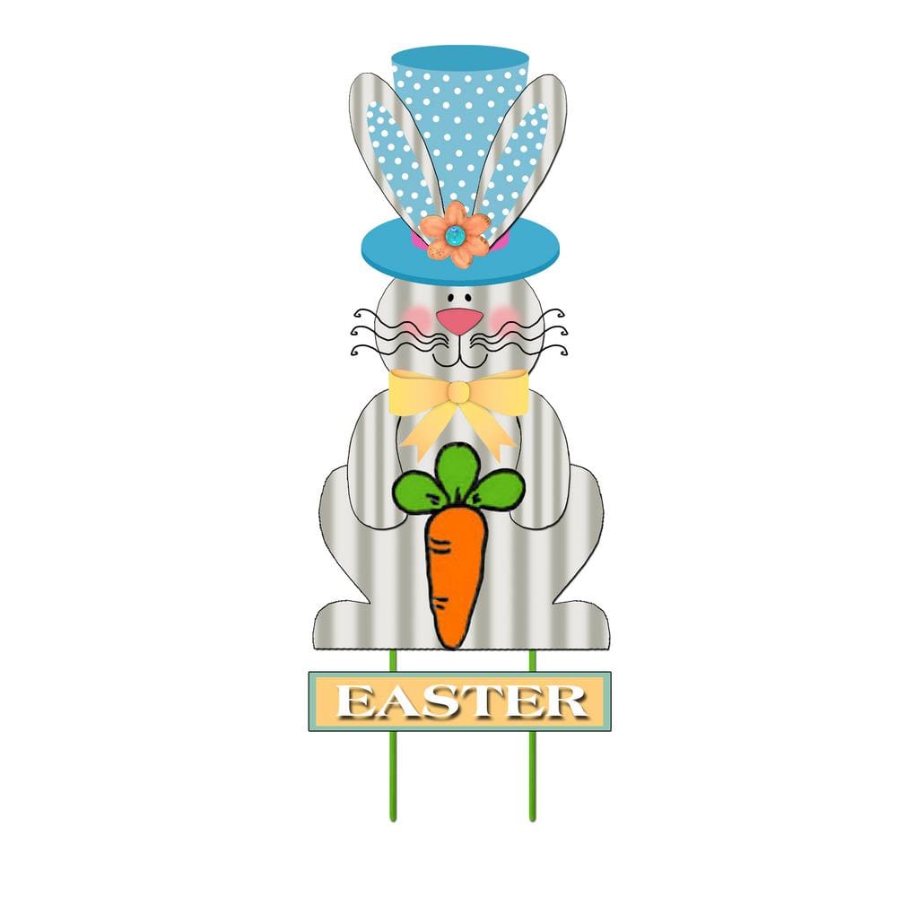 31.5 in. Metal Easter Welcome Bunny Garden Stake with Blue Hat