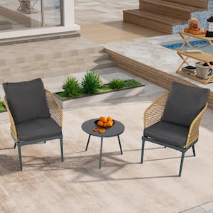 Outdoor Gray 3-Piece Wicker Table and Chairs Outdoor Bistro Set with Cushions
