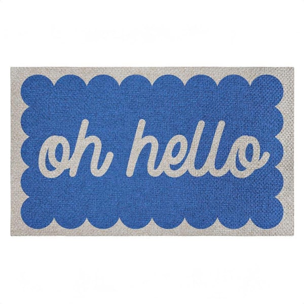 Oh Hello Blue Greeting Blue 18 in. x 30 in. Polyester Non-Slip Outdoor Door Mat