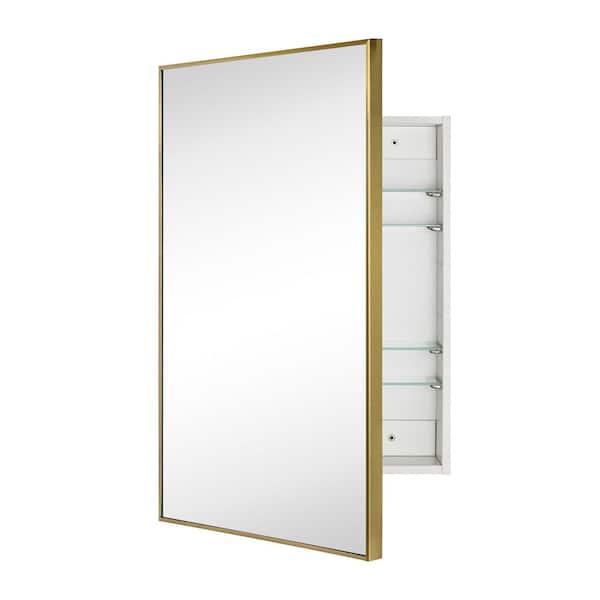 24 in. W x 30 in. H Rectangular Recessed or Surface Mount Square Cornered Framed Medicine Cabinet with Mirror in Gold