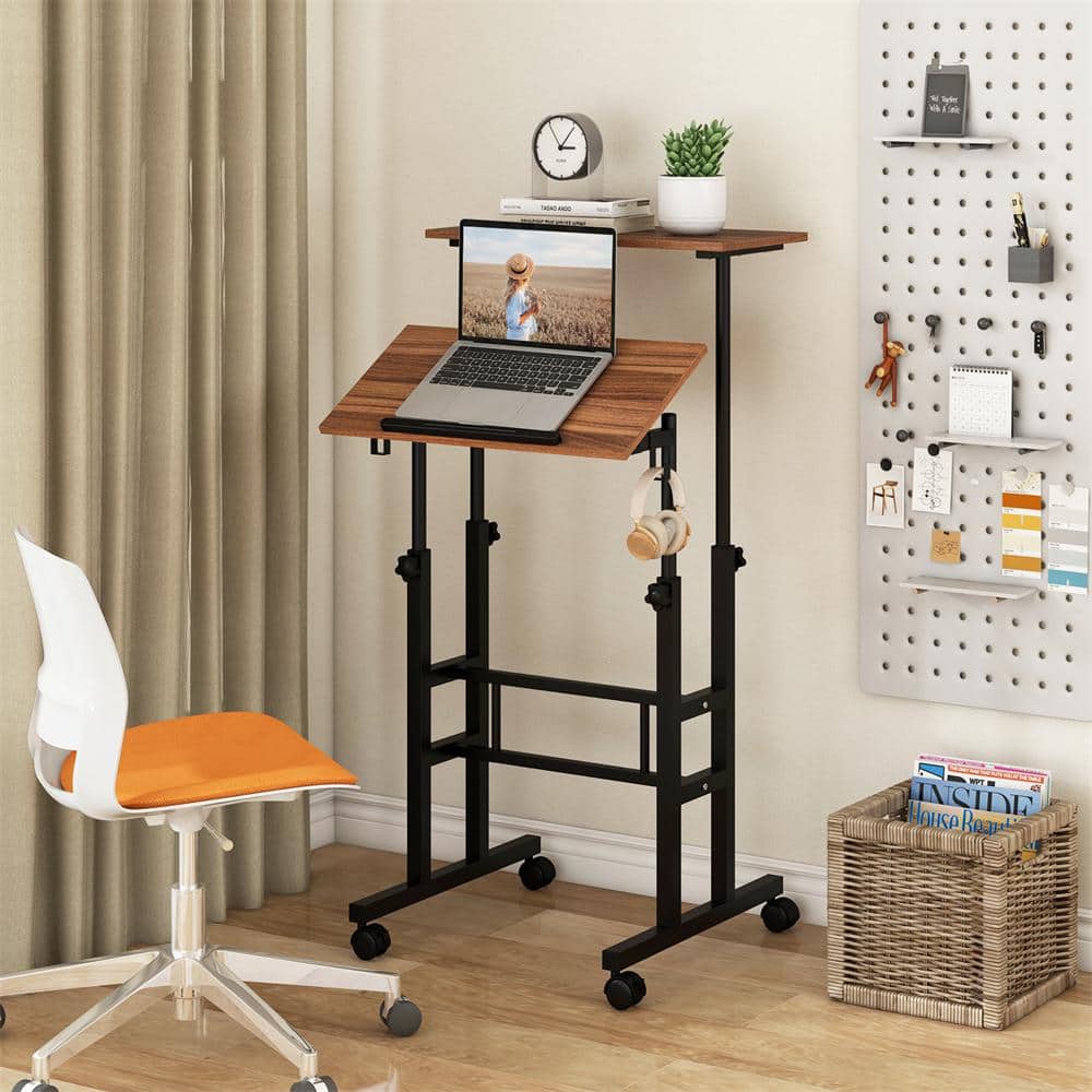 Walnut Adjustable Height Standing Desk with Drawer and Headphone Hook