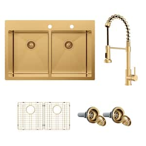 33 in. Drop-In Double Bowl 18-Gauge Gold Stainless Steel Kitchen Sink with Spring Neck Faucet