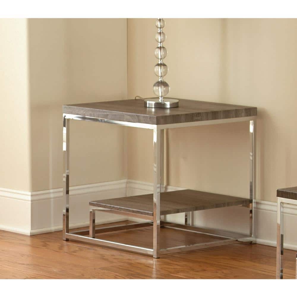 Contemporary Chrome and Wood 10" Chair Side Table in Gray/Brown