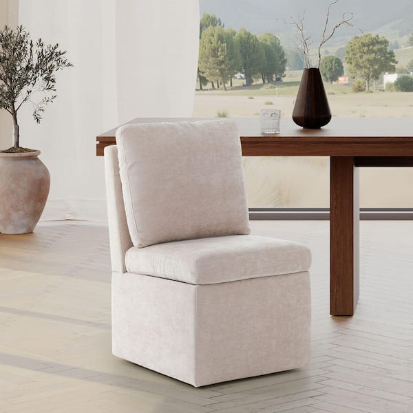 Stansberry Chenille Taupe Fabric Upholstered Armless Dining Chair with Lift-Seat Storage and Caster Wheels