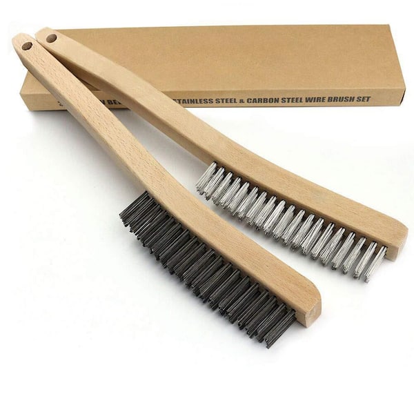 Heavy Duty Carbon Steel Stainless Steel Wire Brush Set for Rust Cleaning with 14 Beechwood Handle (2-Pack)
