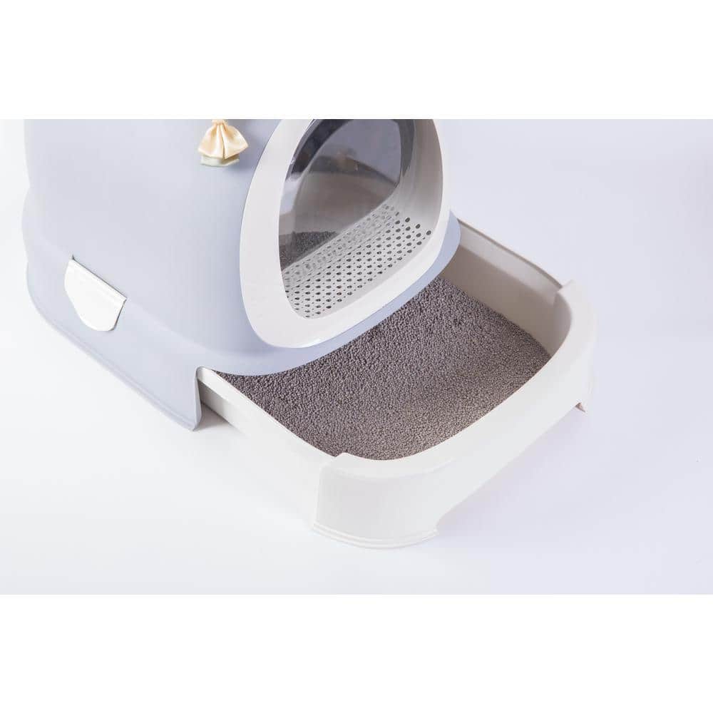 Gray and White Fully Enclosed Hooded Litter Pan with Front Entry