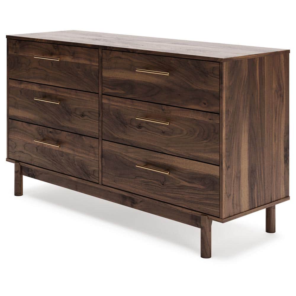 Dark Brown 6-Drawer Walnut Wood Dresser with Goldtone Handles