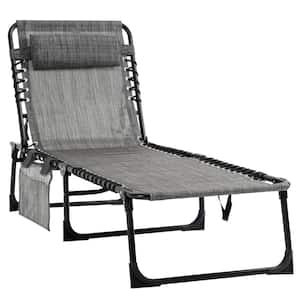 Black Metal Outdoor Reclining Chaise Lounge with Adjustable Backrest, Removable Pillow and Grey Cushions