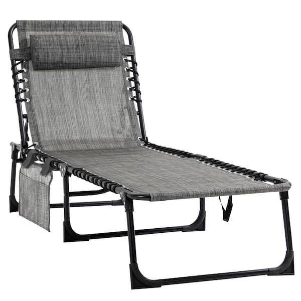 Unbranded Black Metal Outdoor Reclining Chaise Lounge with Adjustable Backrest, Removable Pillow and Grey Cushions