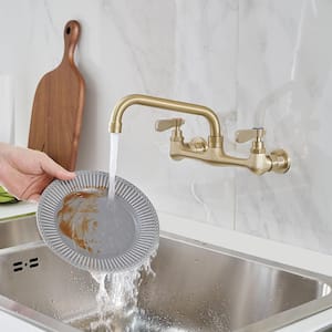 Double Handles Wall Mount Modern Standard Kitchen Faucet With 8 Inch Swivel Spout 8" Center in Brushed Gold