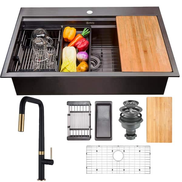 AKDY Gunmetal Matte Black Stainless Steel 33 in. x 22 in. Single Bowl Drop-In Workstation Kitchen Sink with Faucet