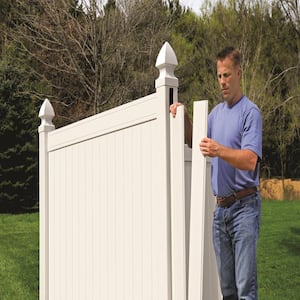 Pro Series 5 in. x 5 in. x 8 ft. White Vinyl Woodbridge Routed Line Fence Post