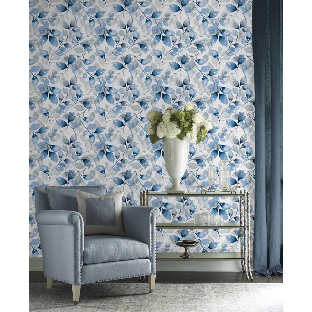 Blue Lagoon Watercolor Tossed Leaves Peel and Stick Vinyl Wallpaper