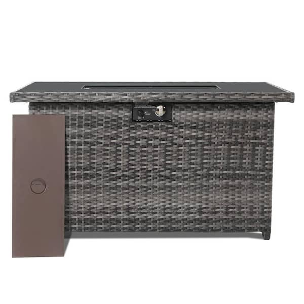PATIOGUARDER 43 inch Gray Wicker Propane 50,000 BTU Outdoor Gas Fire Pit Table with Tempered Glass Tabletop