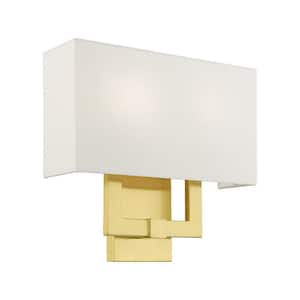 Meridian 13 in. Satin Brass Sconce with Off-White Fabric Shade