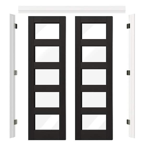 48 in. x 80 in. 5-Lite Clear Glass Black PVC Covering MDF. Wood Universal Pre-hung French Door with Quick Assemble Jamb