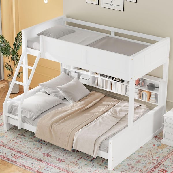 Antique White Twin XL over Queen Bunk Bed with Storage Cabinets and USB Ports