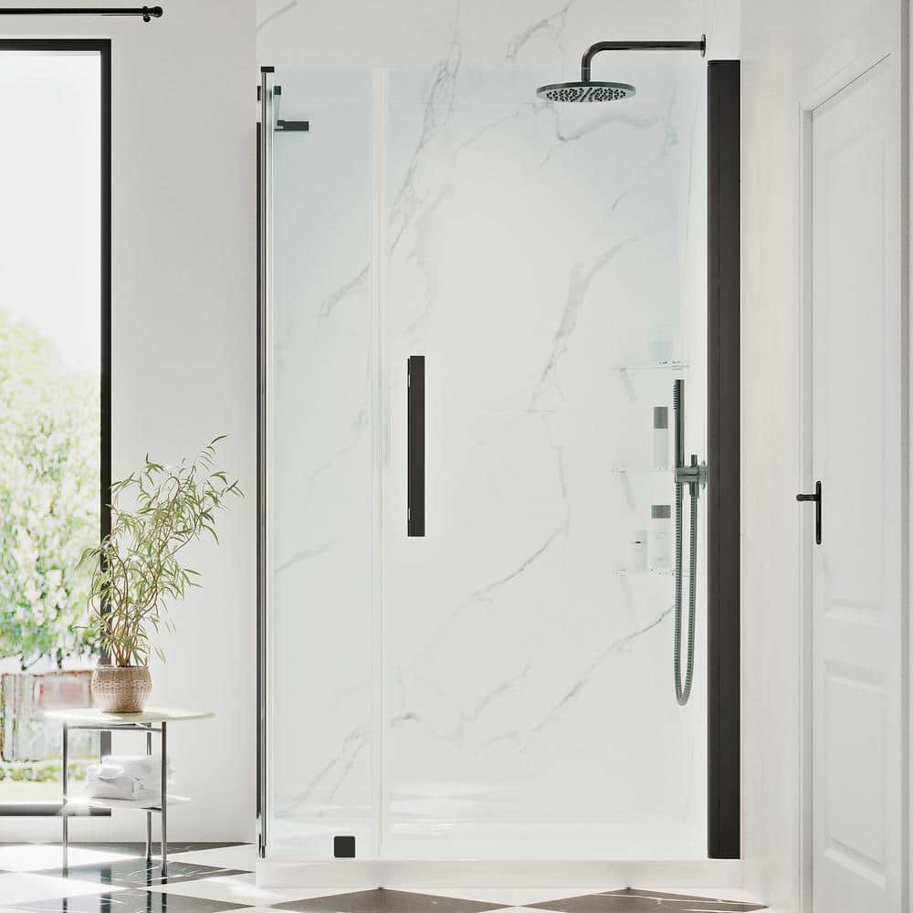 Pasadena Black Frameless Corner Shower Kit with Shelves and Pan