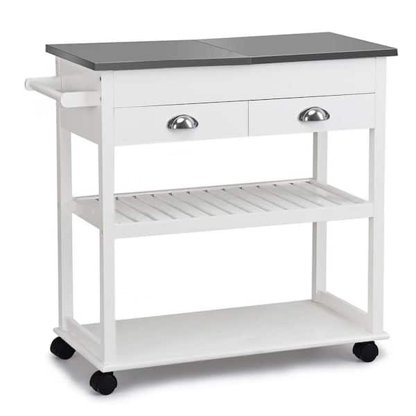 Bunpeony White Rolling Kitchen Cart with Double-Drawer Storage and Open Shelves(34.5 in. W)