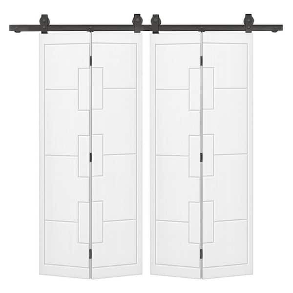 56 in. x 84 in. White Painted MDF Composite Modern Bi-Fold Hollow Core Double Barn Door with Sliding Hardware Kit
