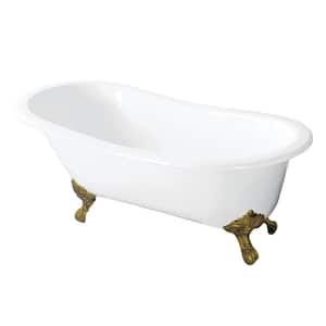 54 in. Cast Iron Slipper Clawfoot Bathtub in White with Feet in Polished Brass