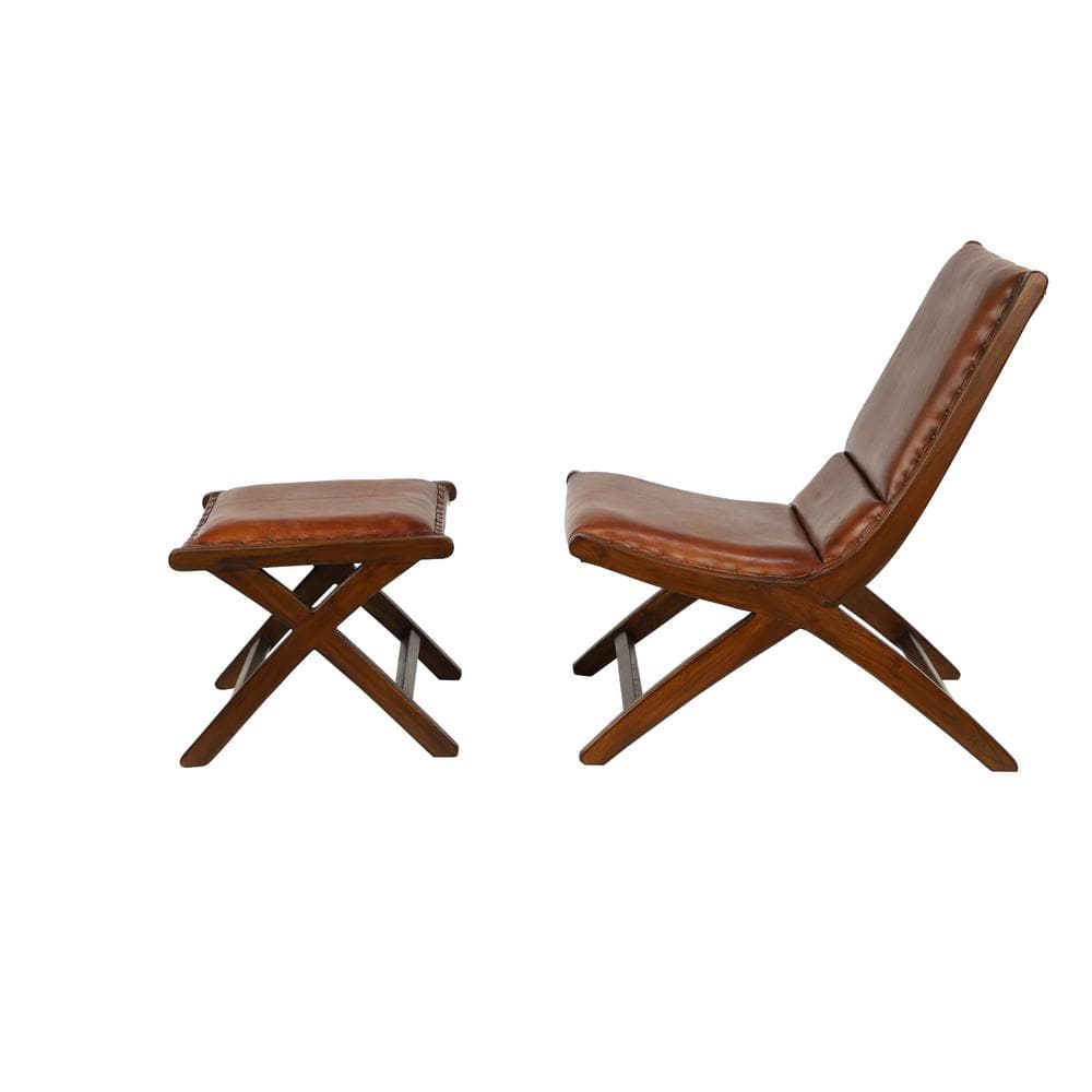 Set of 2 Brown Teak Wood Leather Accent Chairs with Ottoman