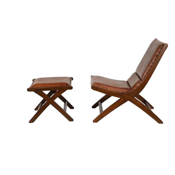 Litton Lane Golden Brown Teak Wood And, Leather Chair And Ottoman Set
