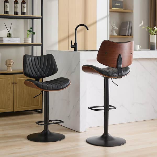 25 in. Black Leather Walnut Bentwood Swivel Bar Stools Mid Century Modern Adjustable Height (Set of 2)