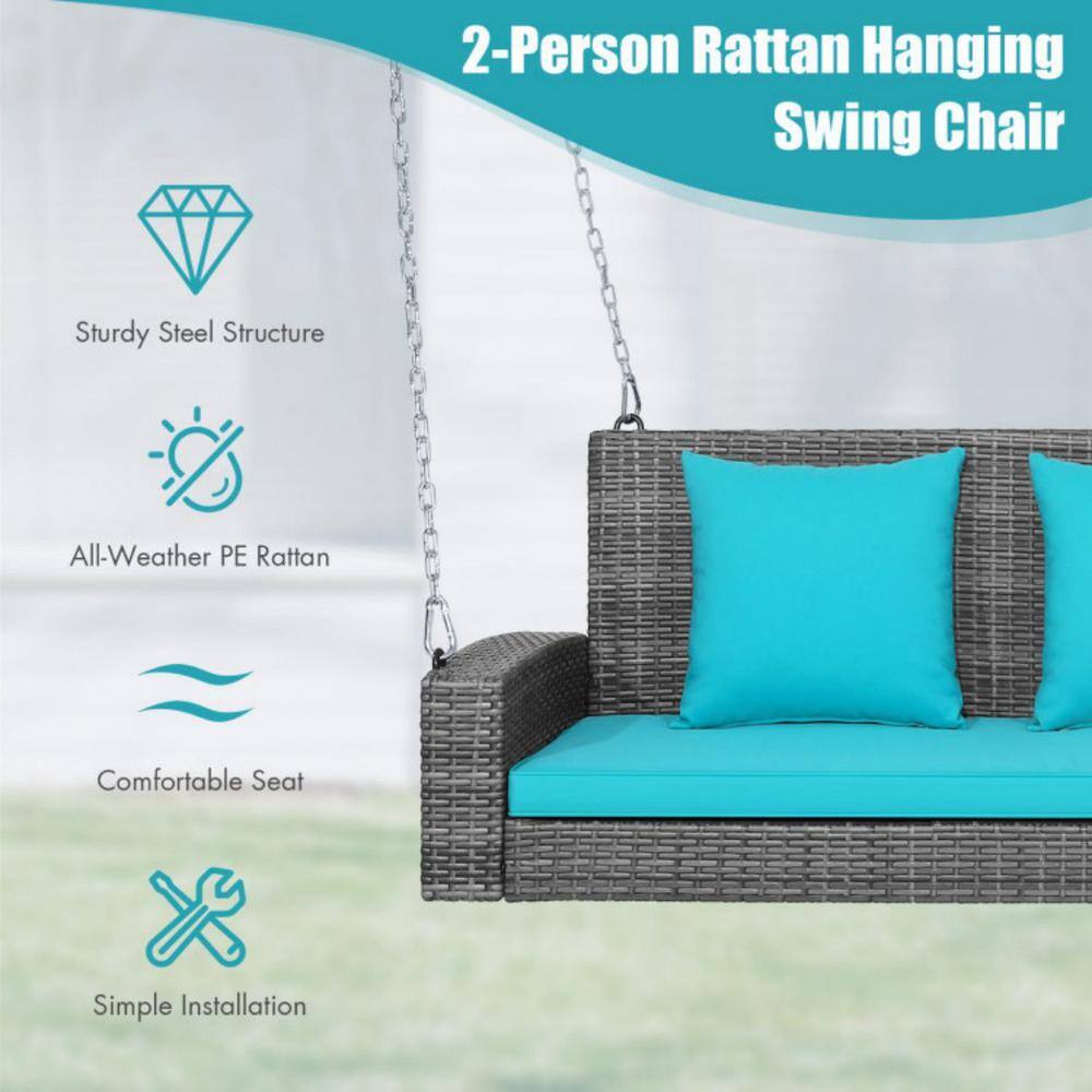 Turquoise Cushioned 2-Person Gray Wicker Patio Porch Swing