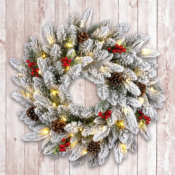 Pre-Lit Artificial Christmas Wreath – 24 Inch, White Lights, Pine Cones & Berries, Battery Operated - View #8
