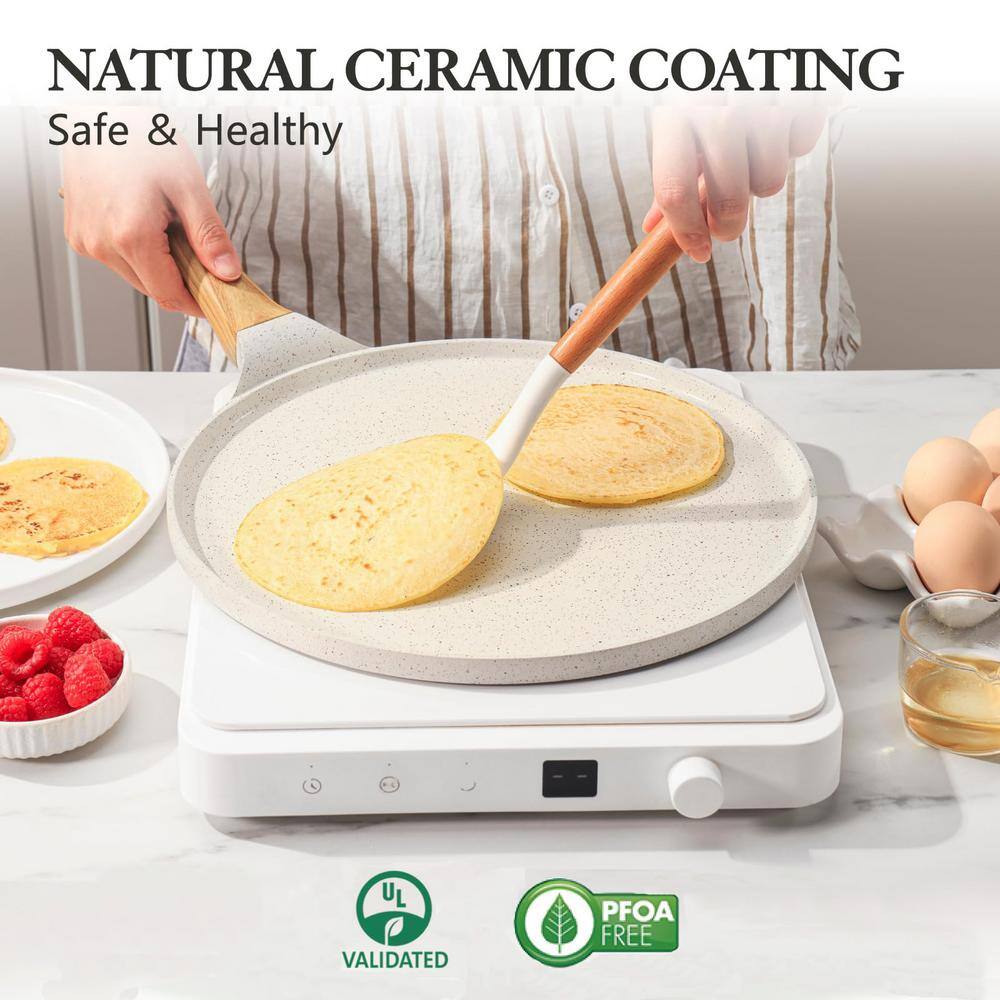 10-Inch White Ceramic Nonstick Crepe Pan with Wooden Handle and Spreader