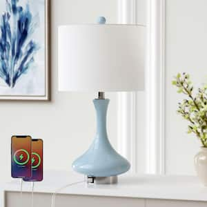 Sacramento 23 in. Blue/Nickel Table Lamp with White Linen Lampshade / USB / Type-C Port.