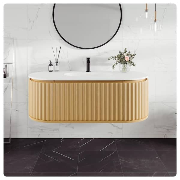 Eviva Haven 48 in. Single Sink Floating Natural Oak Bath Vanity with White Solid Surface Top (Assembled)