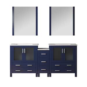 Volez 72 in. W x 18 in. D x 34 in. H Double Sink Bath Vanity in Navy Blue with White Ceramic Top and Mirror