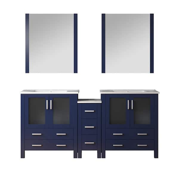 Volez 72 in. W x 18 in. D x 34 in. H Double Sink Bath Vanity in Navy Blue with White Ceramic Top and Mirror