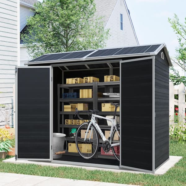 Outdoor 8 ft. W x 4 ft. D Resin Storage Shed with Floor, 2-Windows and Lockable Doors Black (32 sq. ft. )